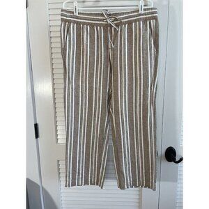 Ann Taylor Factory Womens Large Linen Blend Pants Brown White Black Stripe Sz LP
